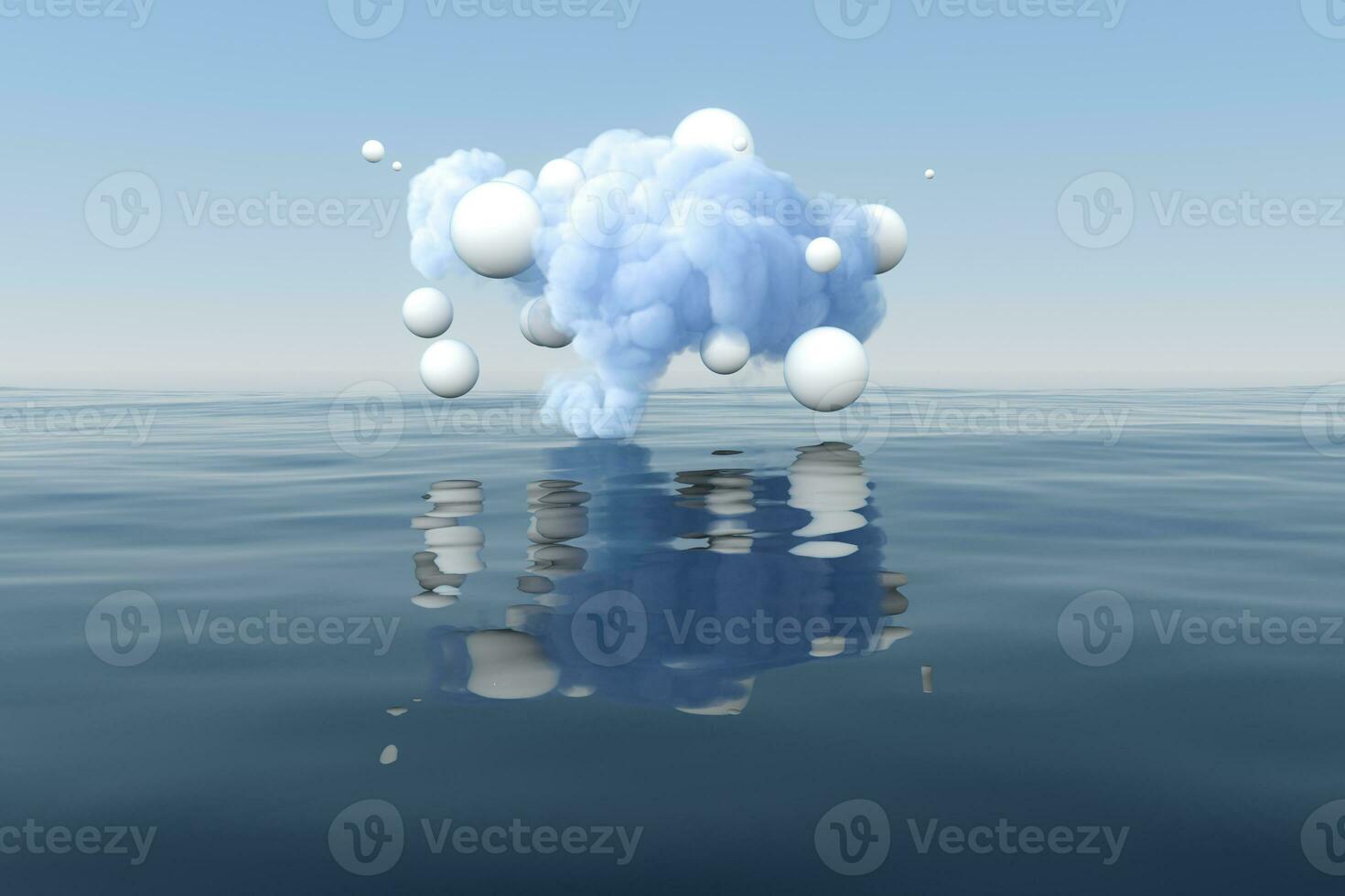 nube y geométrico figura flotante en el lago, 3d representación. foto