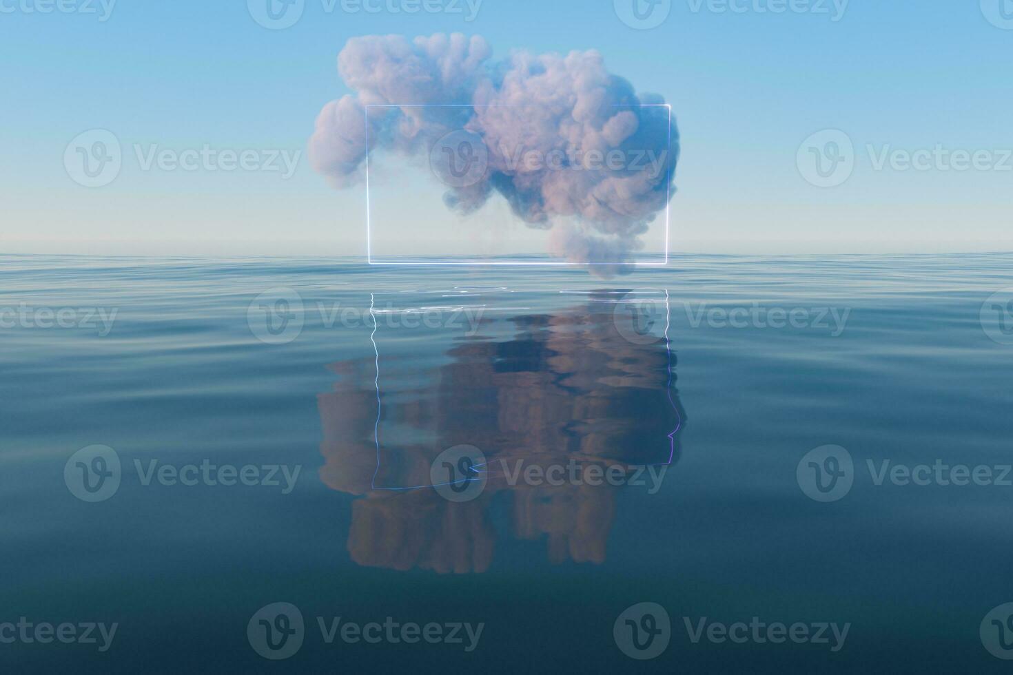 Cloud and geometric figure floating on the lake, 3d rendering. photo