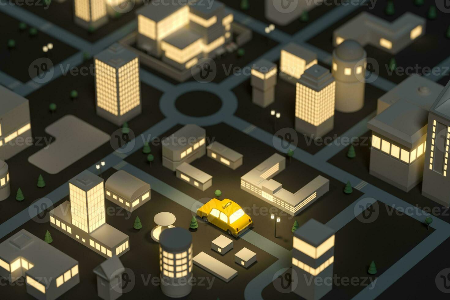 Mini-city with glowing lights, a taxi driving on the street, 3d rendering. photo