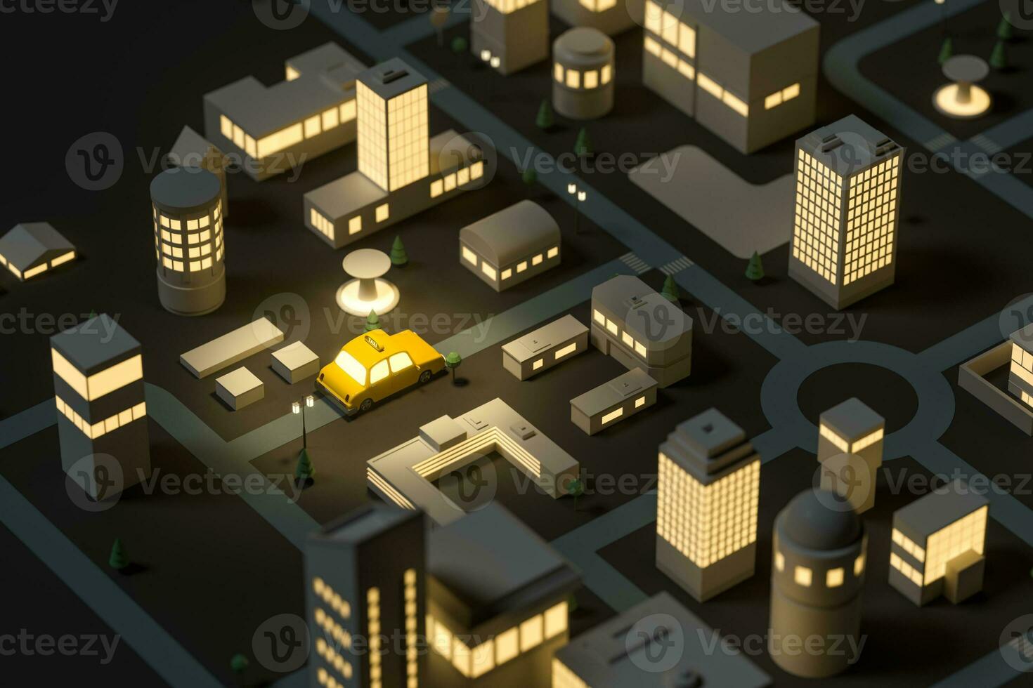 mini-ciudad con brillante luces, un Taxi conducción en el calle, 3d representación. foto