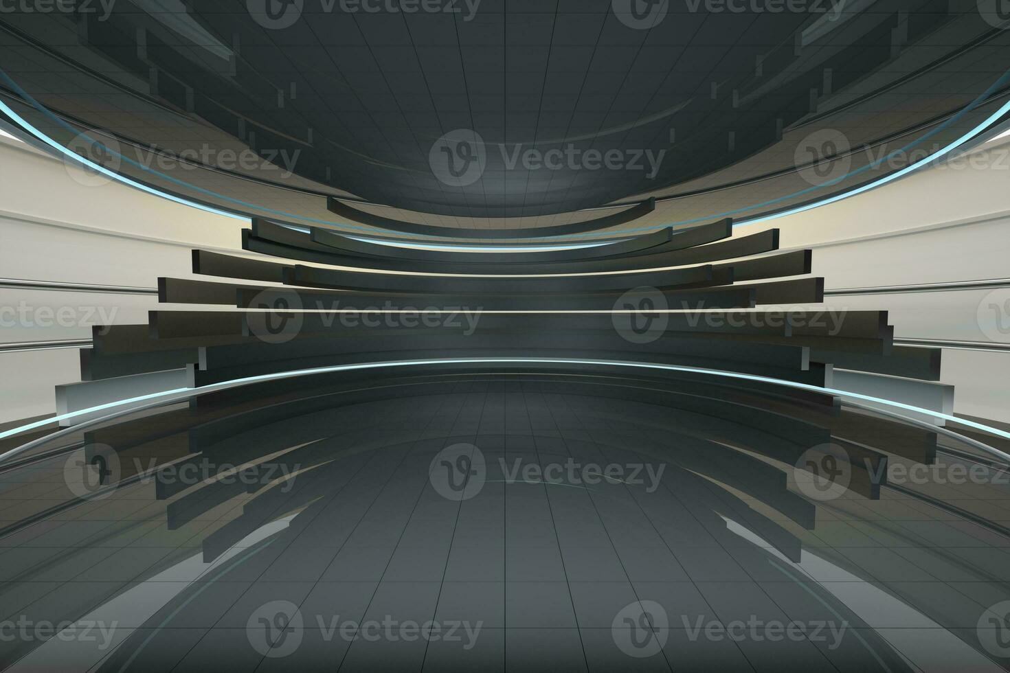 Round room with glowing neon, 3d rendering. photo
