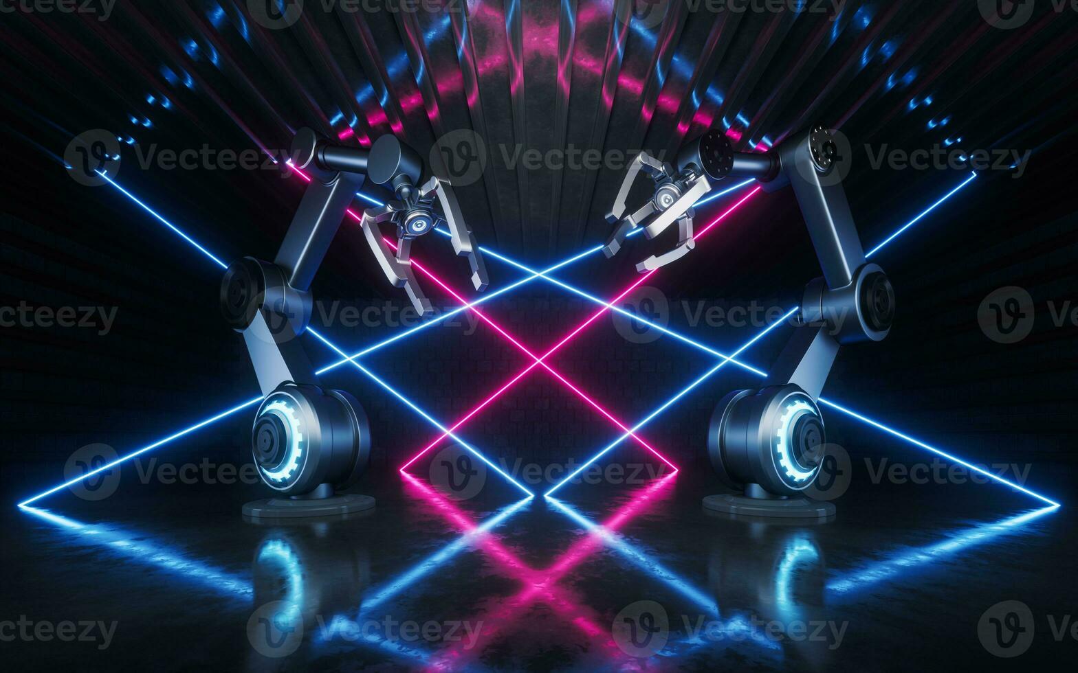 Mechanical arm with neon lines, 3d rendering. photo