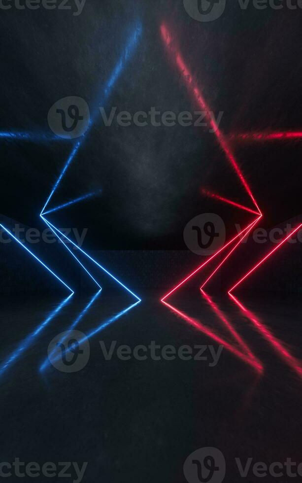 Dark room with glowing neon lines, 3d rendering. photo