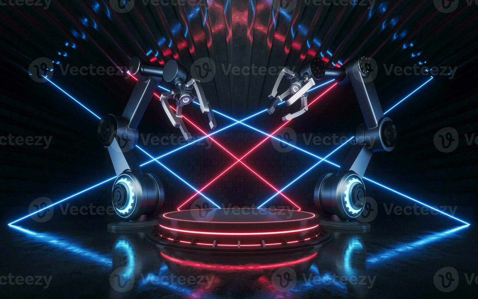 Mechanical arm with neon lines, 3d rendering. photo