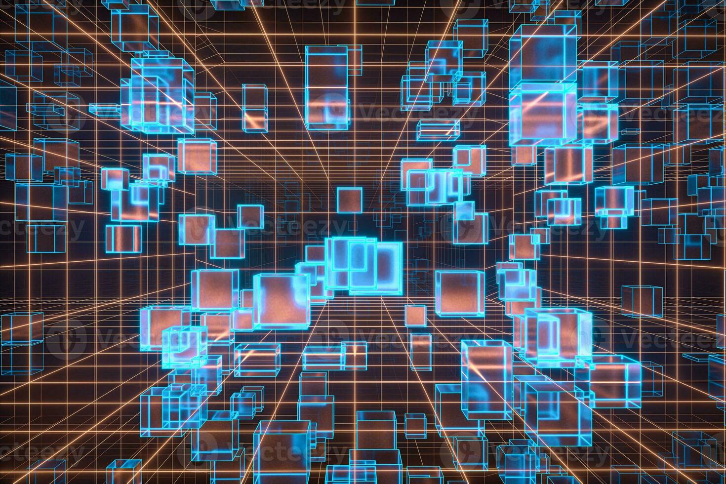 Cyberspace tunnel with geometry cube, 3d rendering. photo