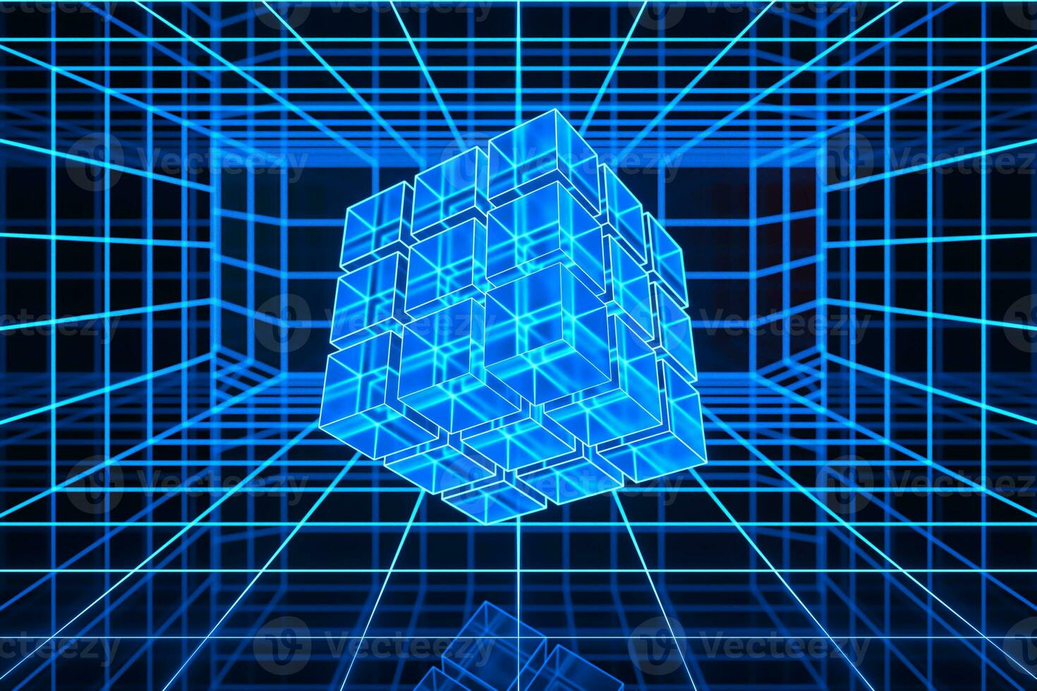 Cyberspace tunnel with geometry cube, 3d rendering. photo