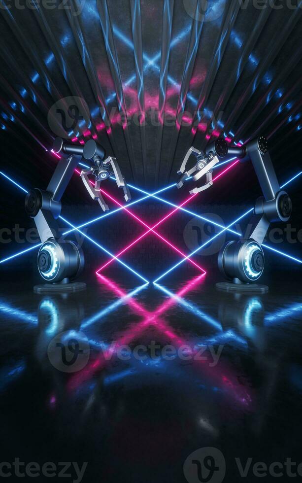 Mechanical arm with neon lines, 3d rendering. photo