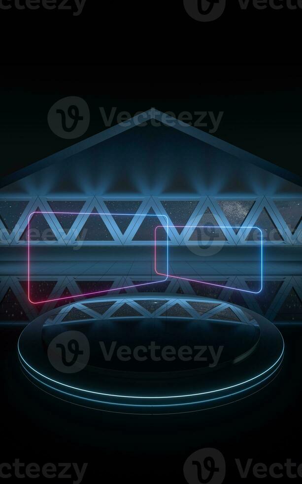 Dark outer space room with empty stage, 3d rendering. photo