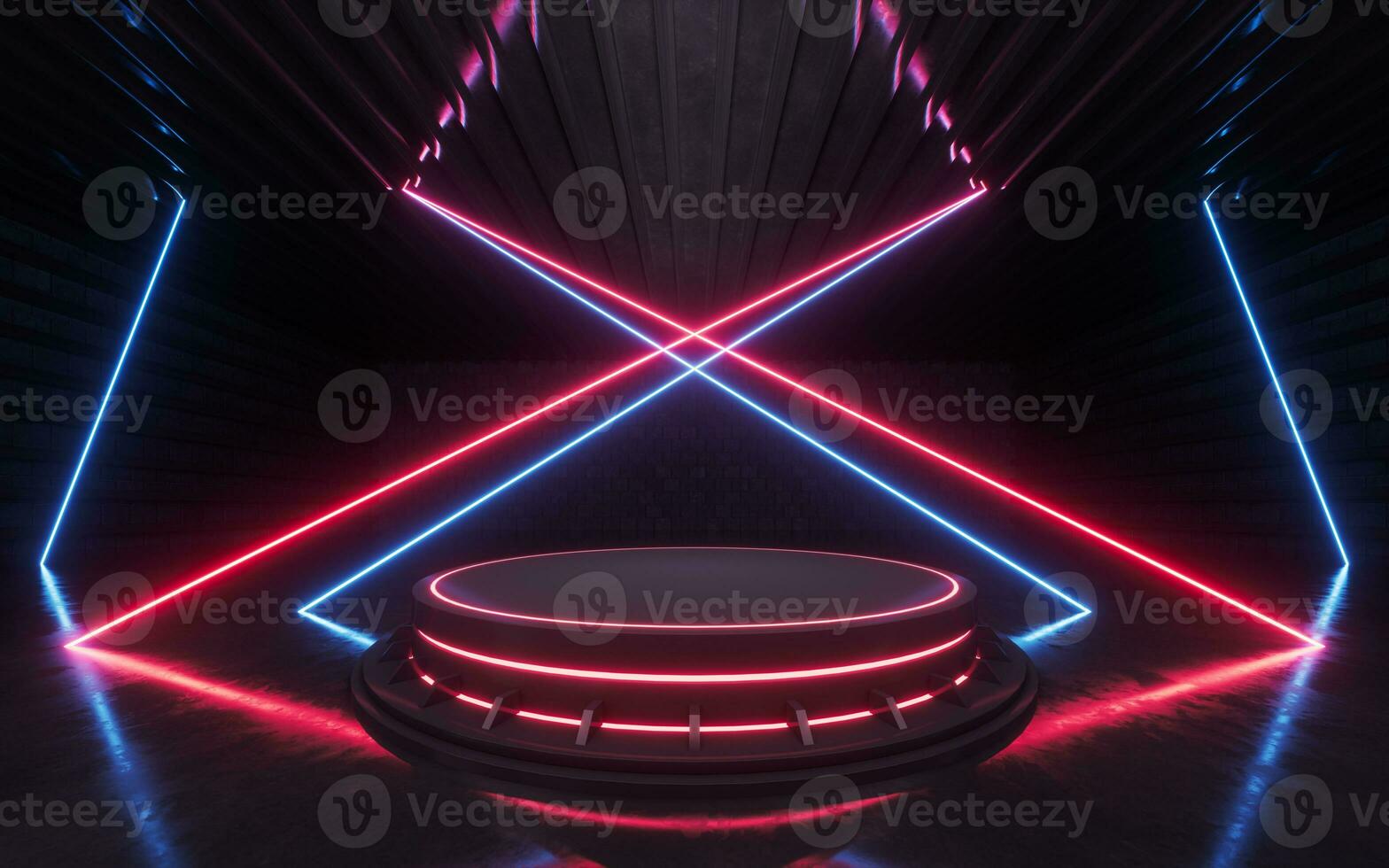 Dark room with glowing neon lines, 3d rendering. photo