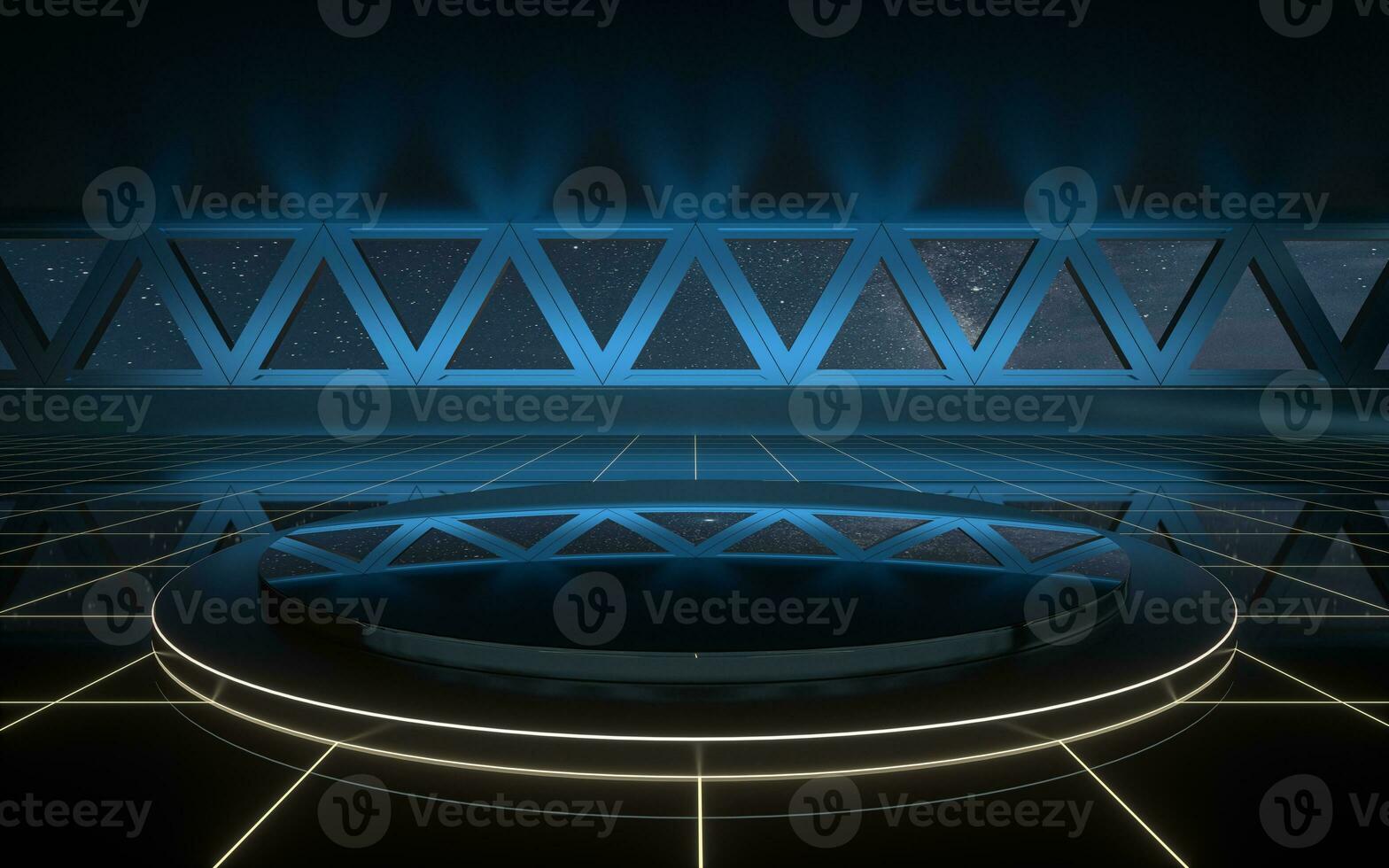 Dark outer space room with empty stage, 3d rendering. photo