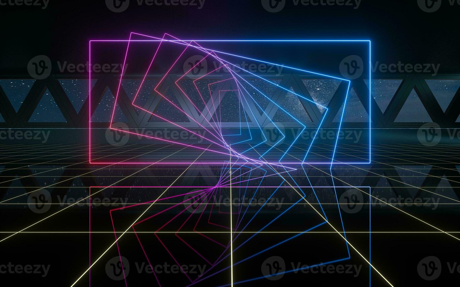 Dark outer space room with neon lights, 3d rendering. photo