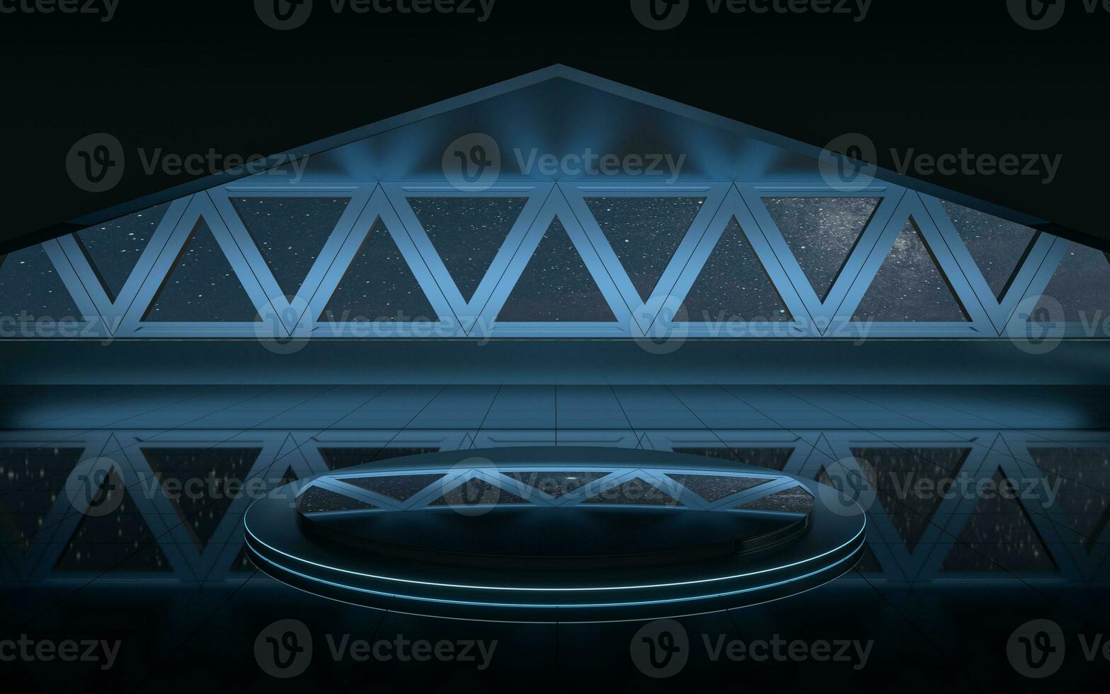Dark outer space room with empty stage, 3d rendering. photo