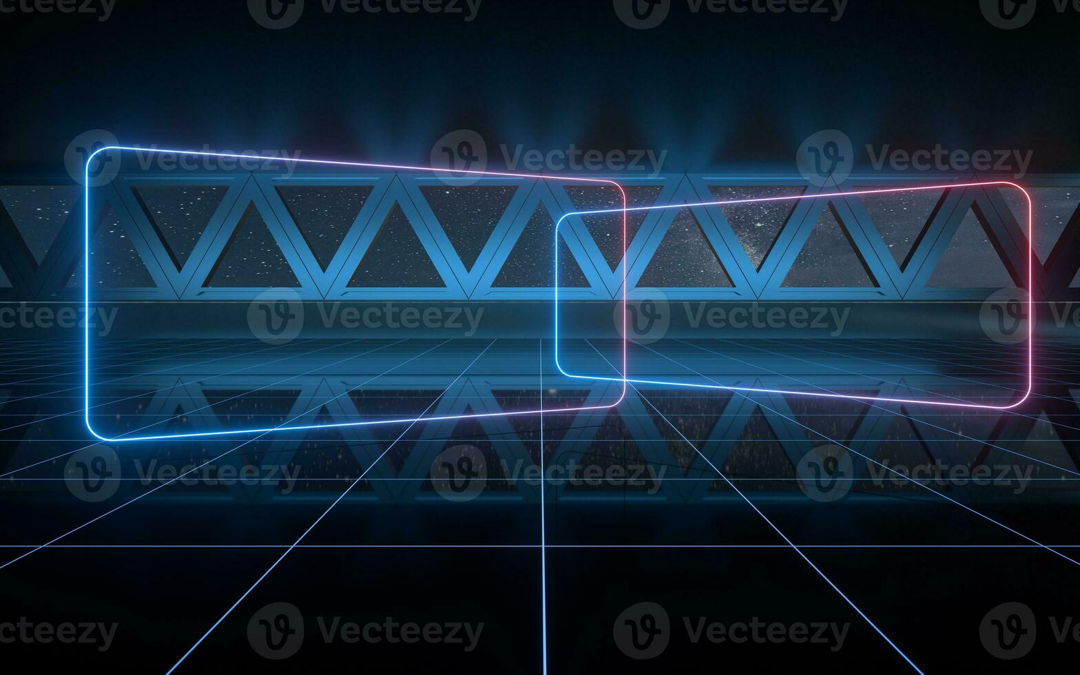 Dark outer space room with neon lights, 3d rendering. photo