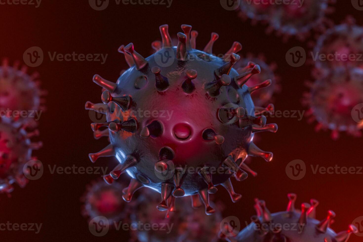 Dispersed corona viruses with dark background, 3d rendering photo