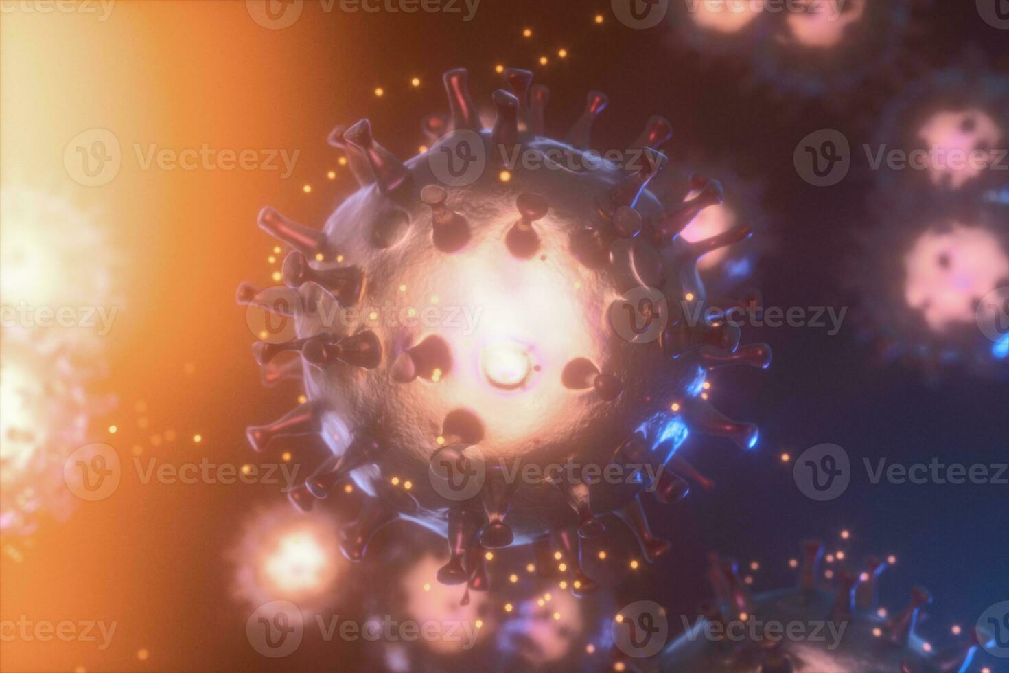 Dispersed corona viruses with dark background, 3d rendering photo