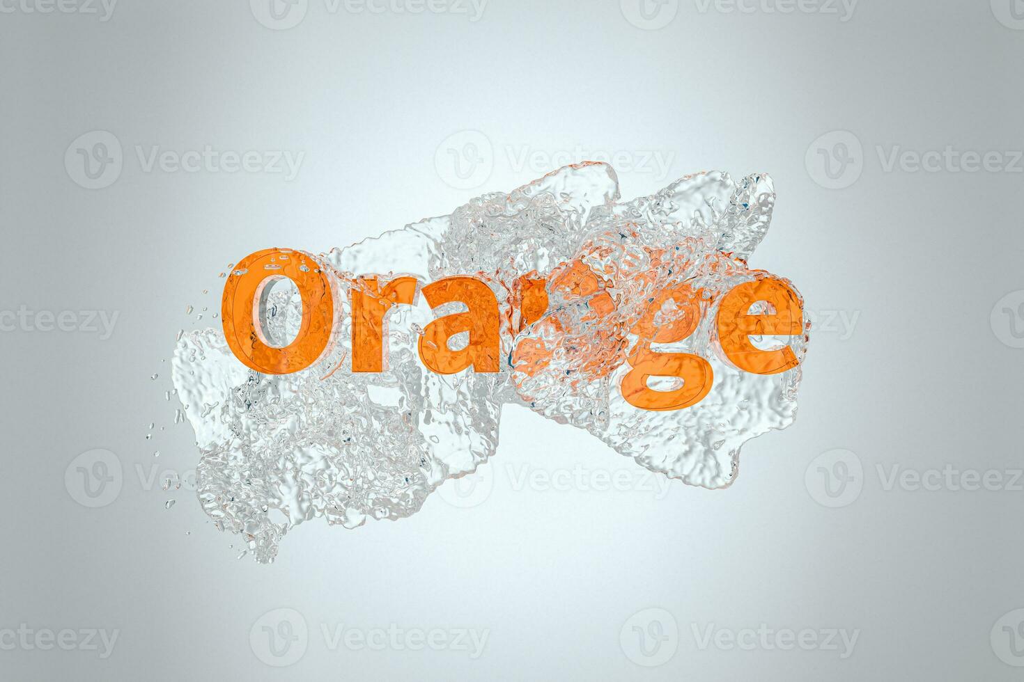 3D font of orange with water pouring down, 3d rendering. photo