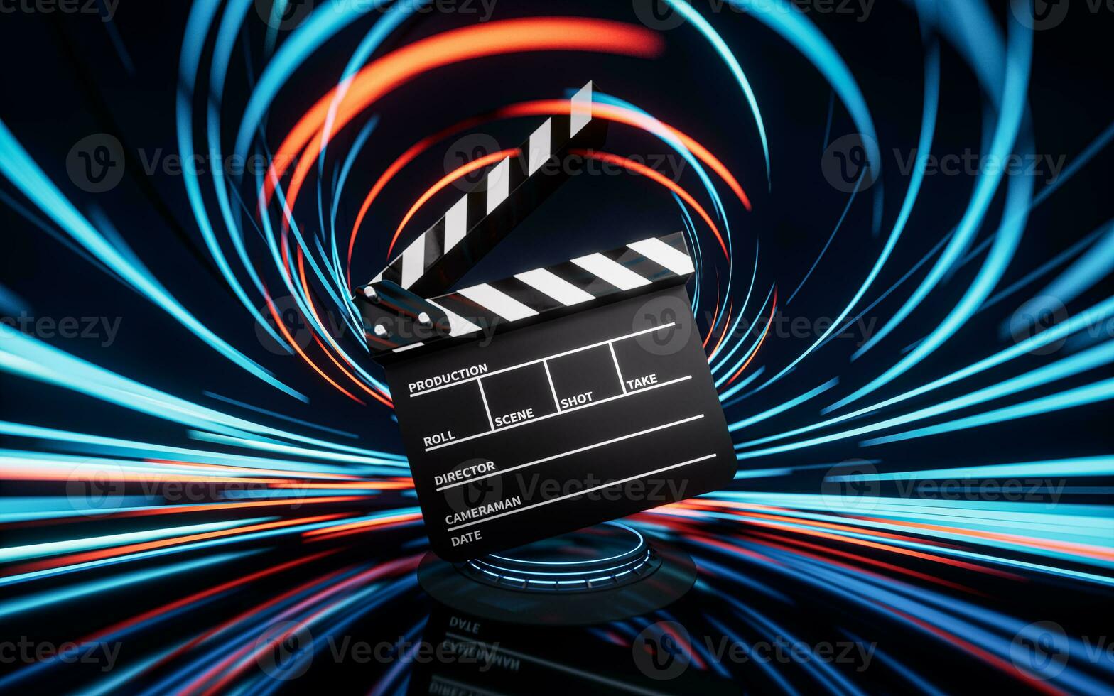 Clapper board with spin lines effect background, 3d rendering. photo