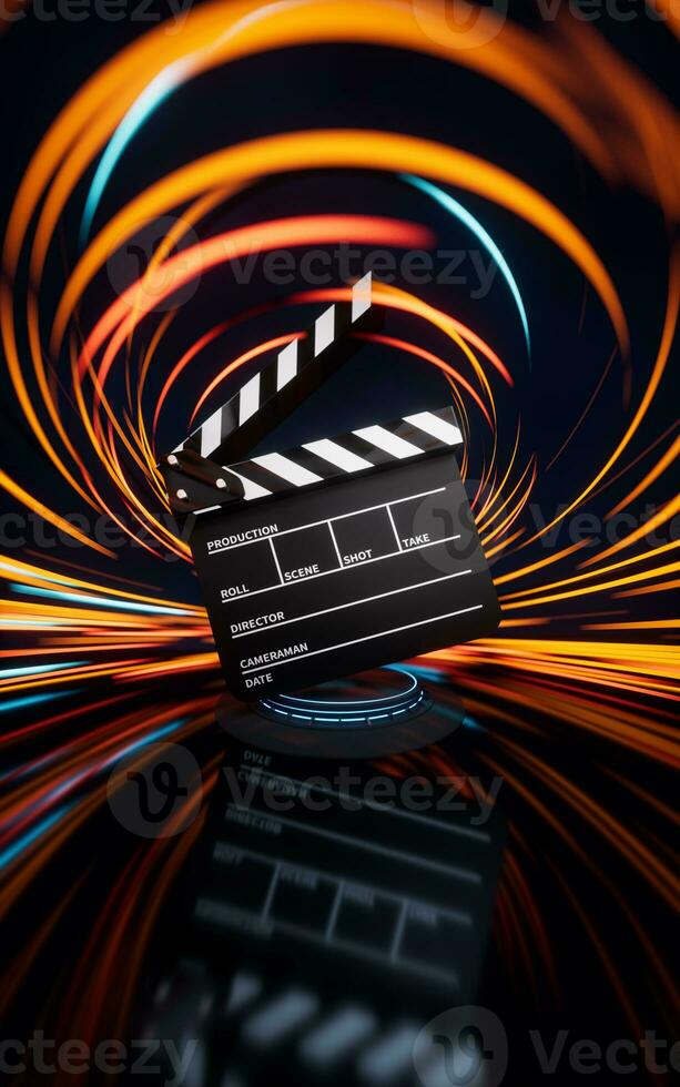 Clapper board with spin lines effect background, 3d rendering. photo