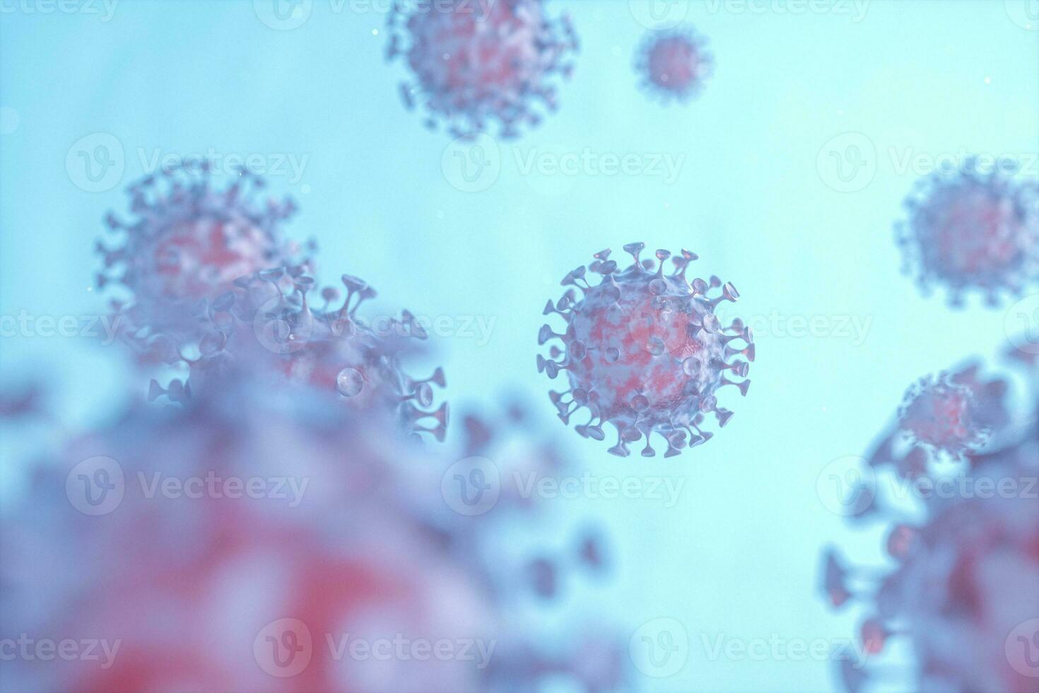 Dispersed corona viruses with blue liquid background, 3d rendering photo