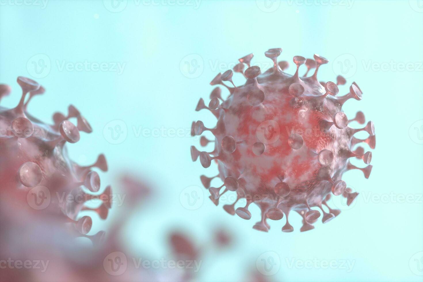 Dispersed corona viruses with blue liquid background, 3d rendering photo