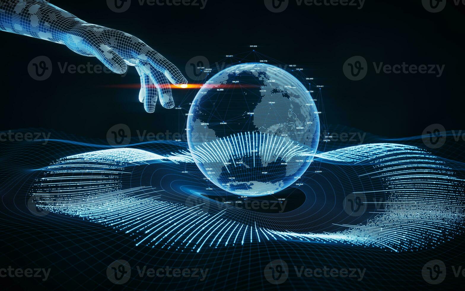 Coding digital planet with a virtual hand, 3d rendering. photo