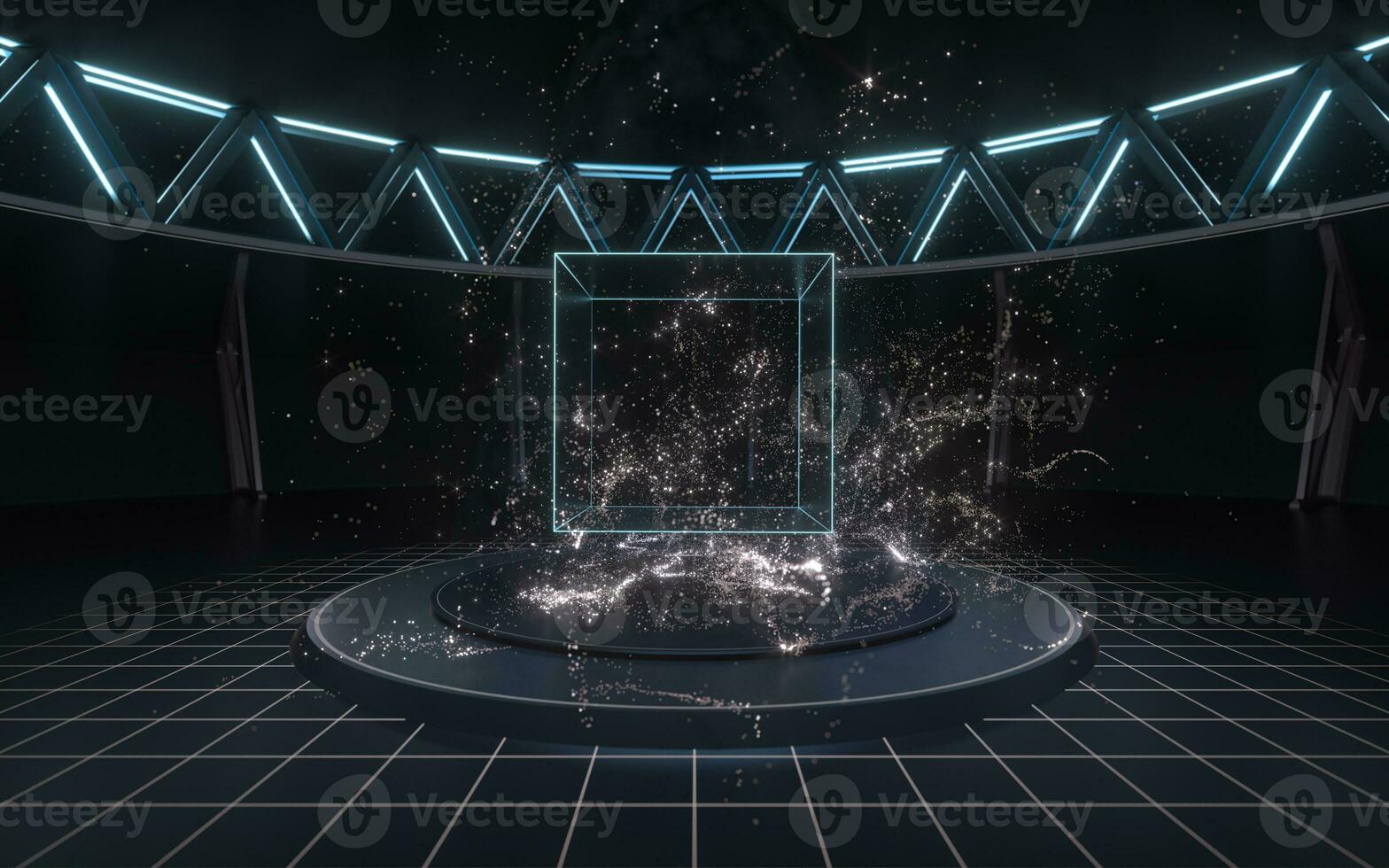 Empty dark room with magic particles, 3d rendering. photo