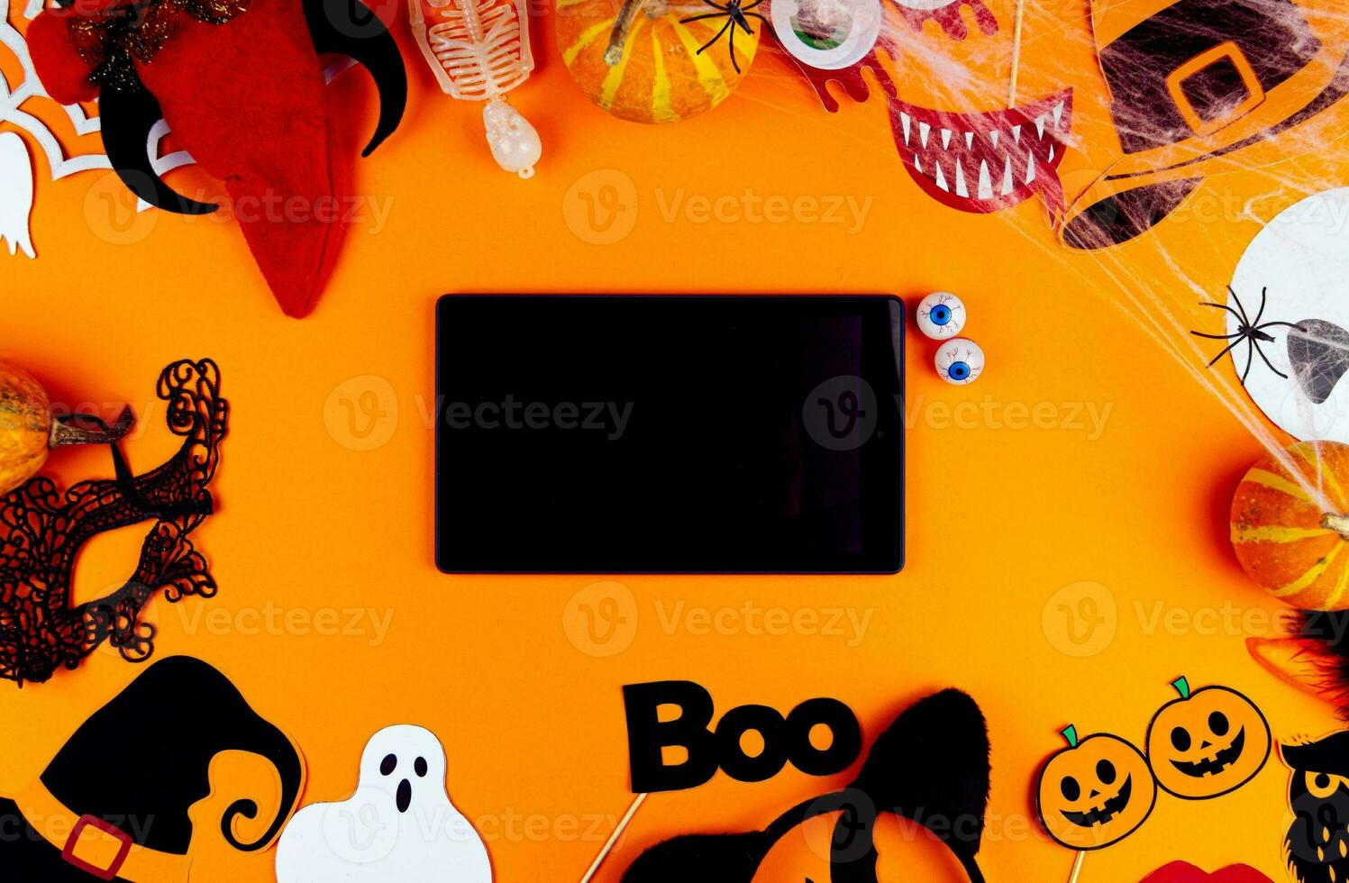 Happy Halloween banner or party invitation background with clouds bats and pumpkins photos