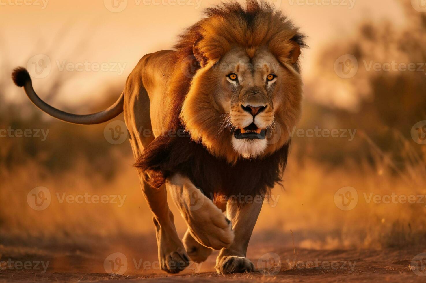 adulto masculino león corriendo en el africano sabana durante el dorado hora de el día. ai generado foto