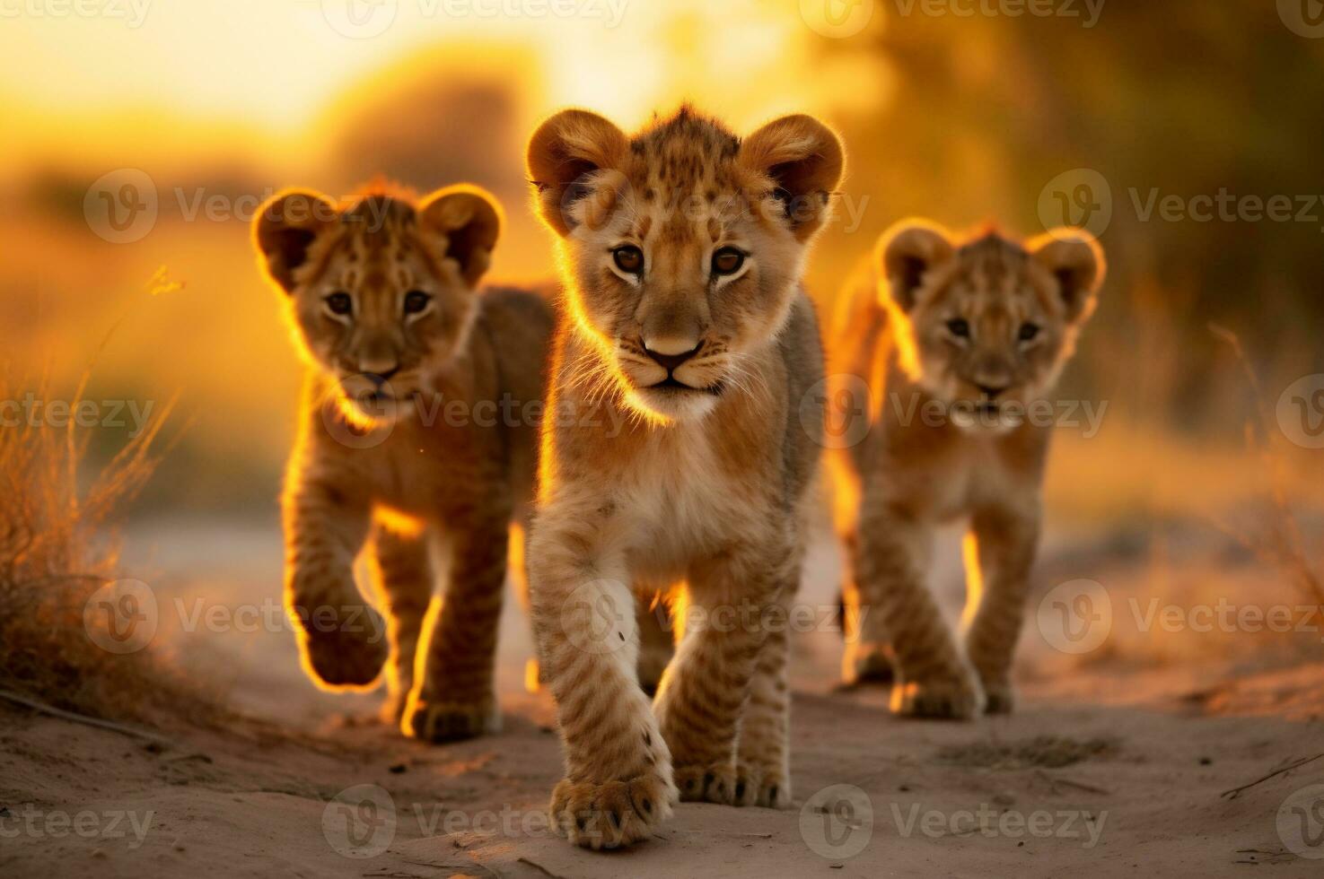 león cachorros en el africano sabana durante el dorado hora de el día. ai generado foto