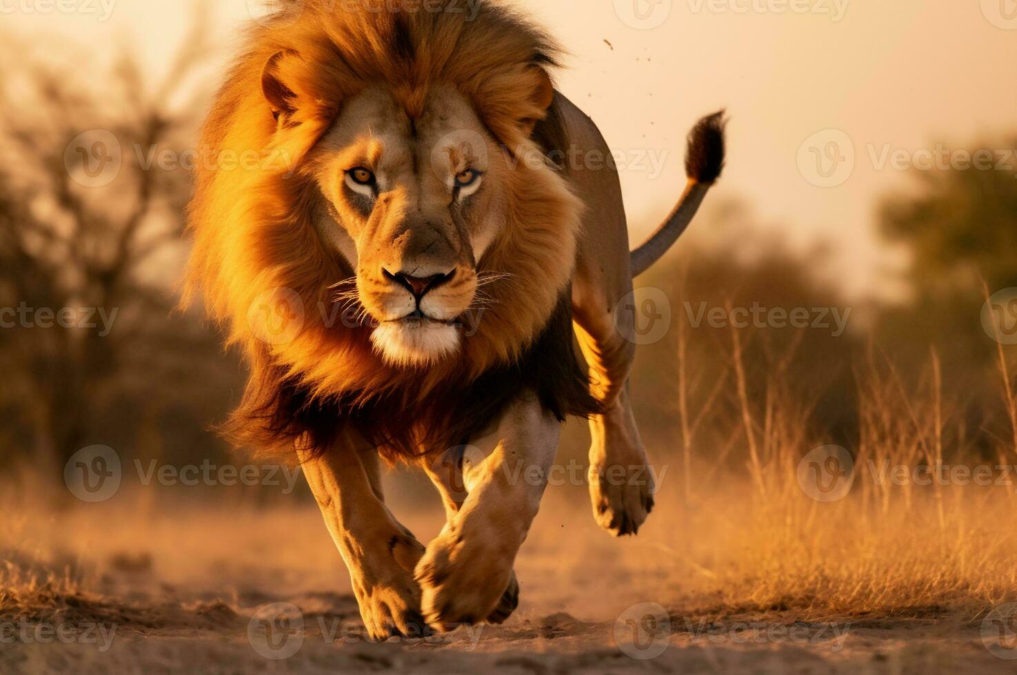 Adult male lion running in the African savannah during the golden hour of the day. AI generated photo