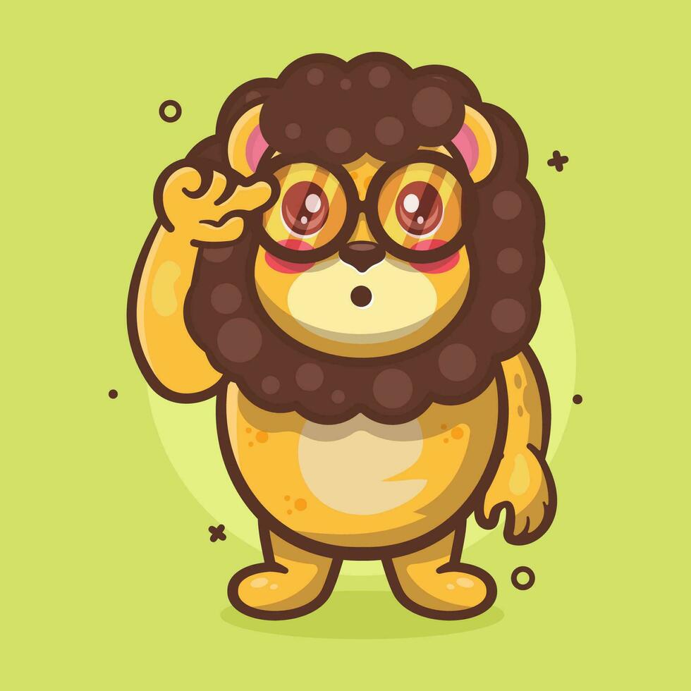 genio león animal personaje mascota con pensar expresión aislado dibujos animados en plano estilo diseño vector