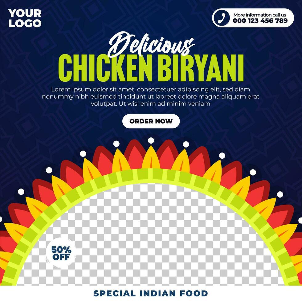 delicioso indio comida menú y pollo Biryani social medios de comunicación enviar y web bandera modelo vector
