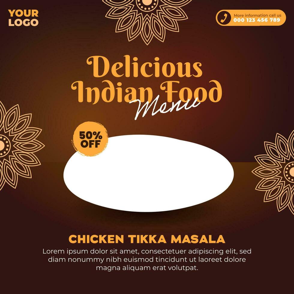 Delicious indian food menu and chicken tikka masala social media post and web banner template vector