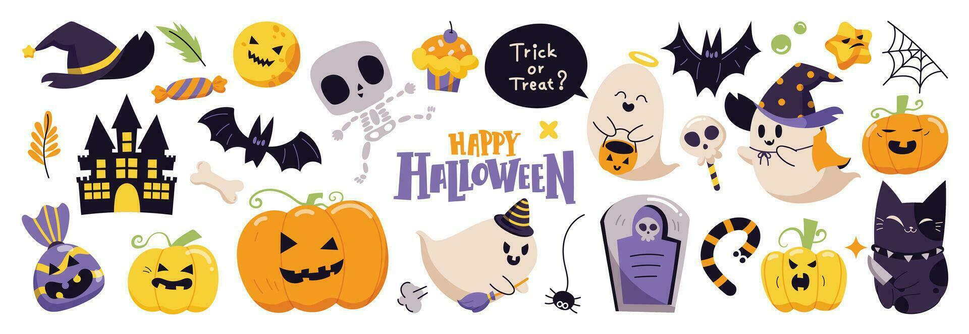 Happy Halloween day element background vector. Cute collection of spooky ghost, pumpkin, bat, candy, cat, skull, spider, grave, castle. Adorable halloween festival elements for decoration, prints. vector