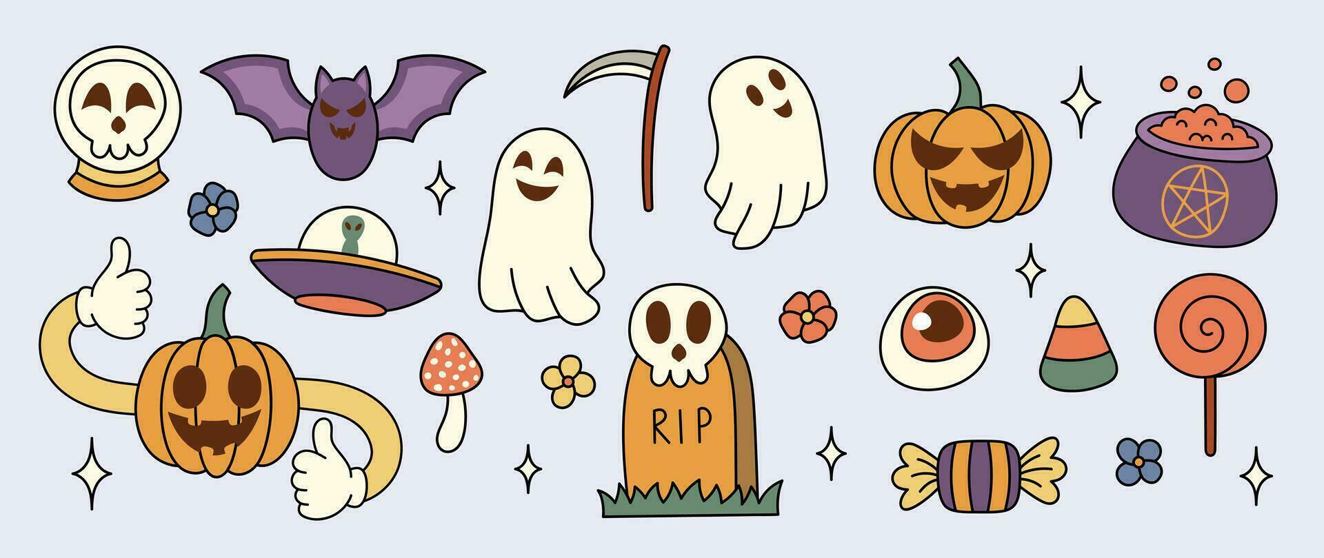 Happy Halloween day 70s groovy vector. Collection of ghost characters, doodle smile face, skull, pumpkin, bat, sickle, candy, cauldron, grave. Cute retro groovy hippie design for decorative, sticker. vector