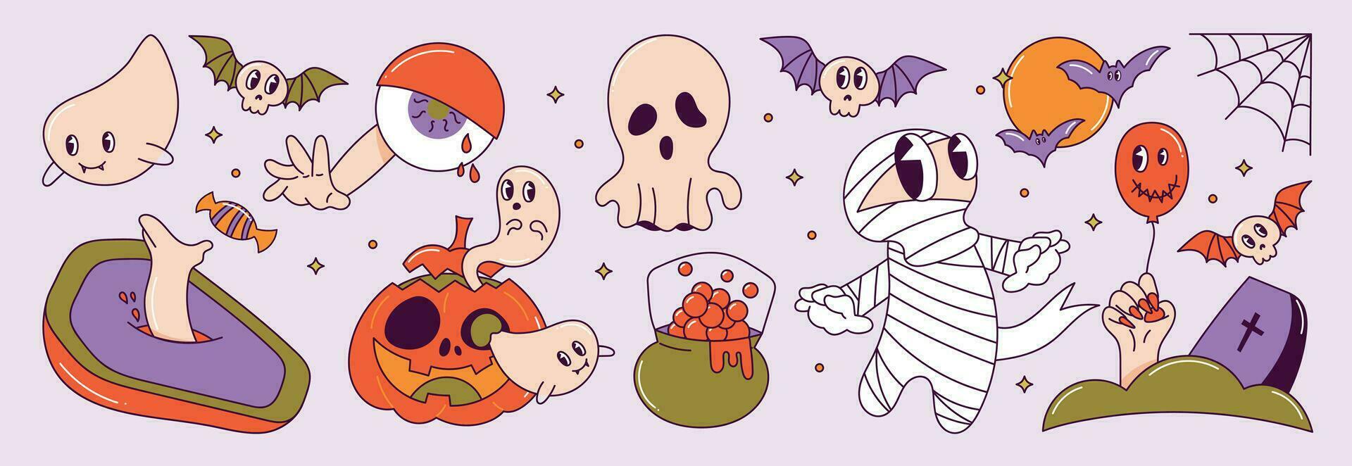 Happy Halloween day 70s groovy vector. Collection of ghost characters, doodle smile face, skull, grave, bat, pumpkin, cauldron, coffin, mummy. Cute retro groovy hippie design for decorative, sticker. vector