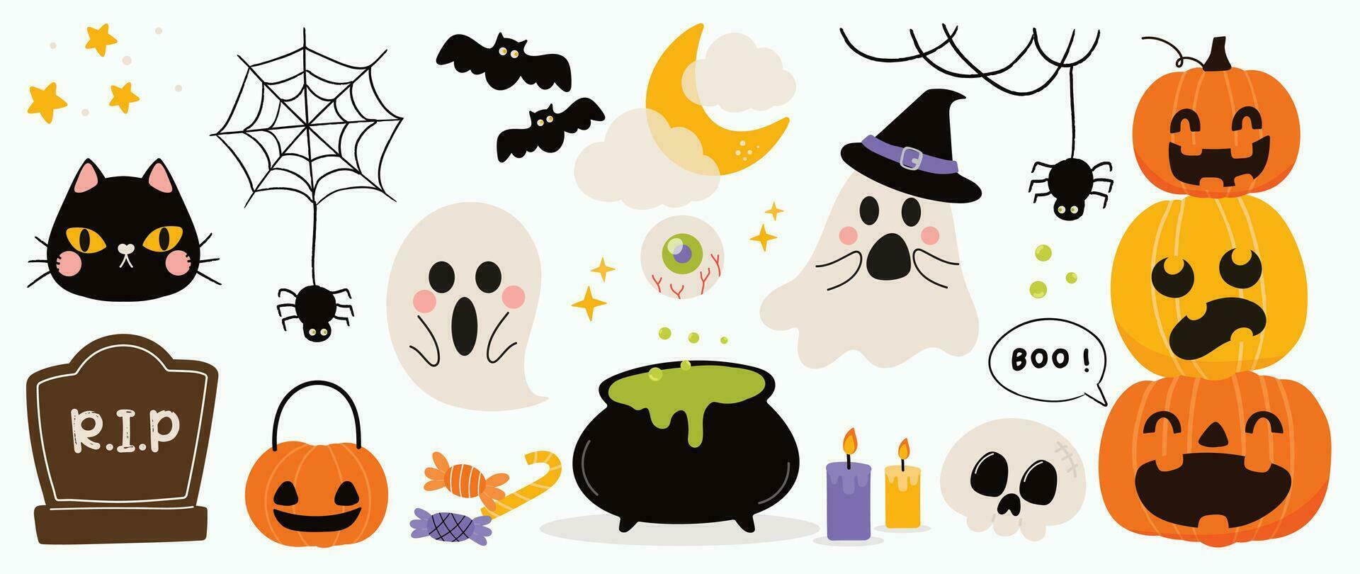 contento Víspera de Todos los Santos día elemento antecedentes vector. linda colección de escalofriante fantasma, calabaza, murciélago, dulce, gato, cráneo, tumba, caldera, vela. adorable Víspera de Todos los Santos festival elementos para decoración, huellas dactilares. vector