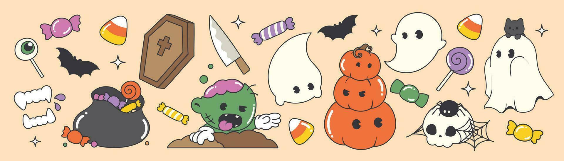 Happy Halloween day 70s groovy vector. Collection of ghost characters, doodle smile face, zombie, bat, pumpkin, candy, skull, knife, grave. Cute retro groovy hippie design for decorative, sticker. vector