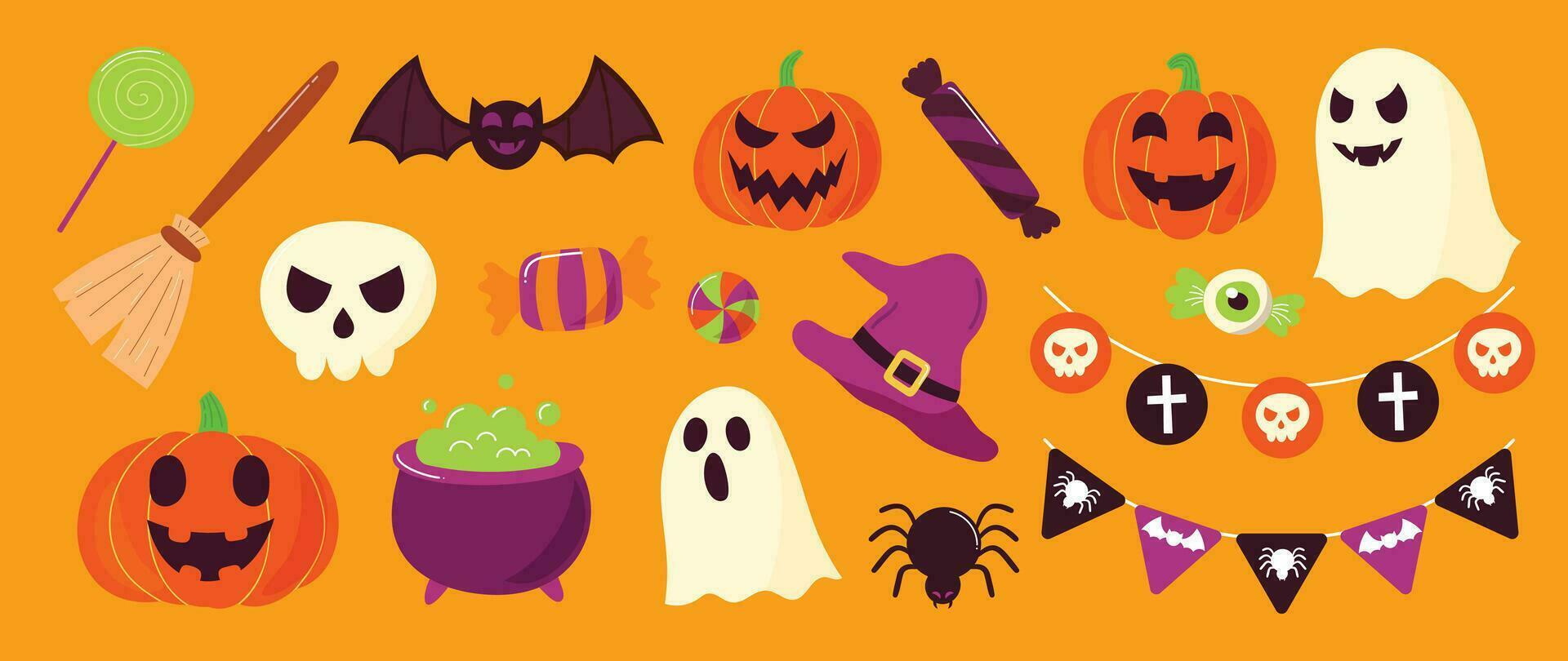 Happy Halloween day element background vector. Cute collection of spooky ghost, pumpkin, bat, lollipop, spider, cauldron, swab, skull. Adorable halloween festival elements for decoration, prints. vector