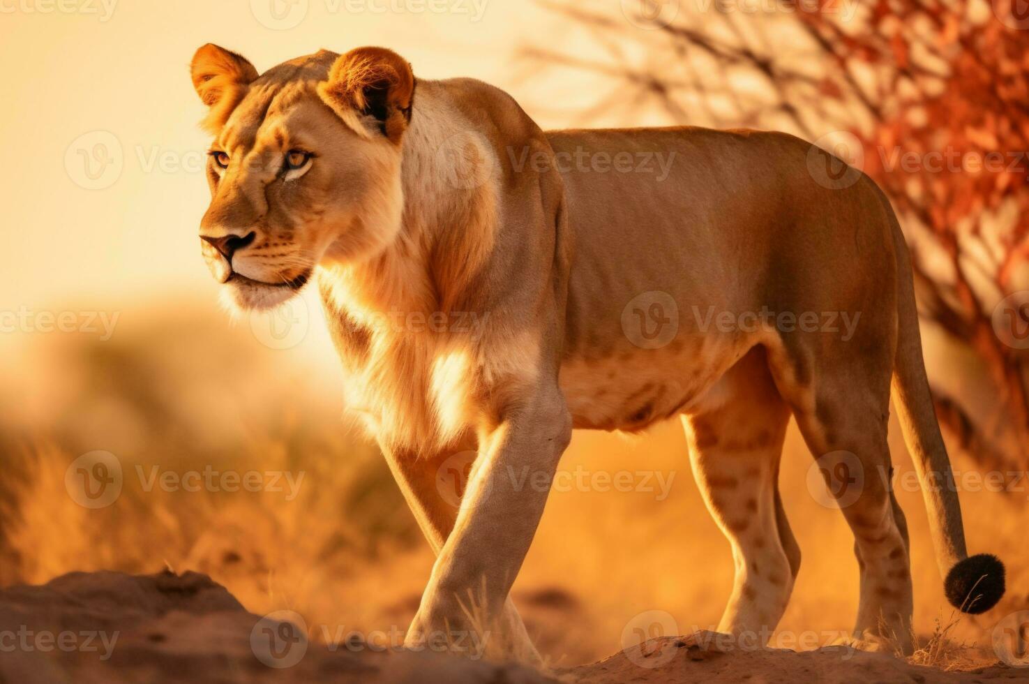 Lioness in the African savannah during the golden hour of the day. AI generated photo