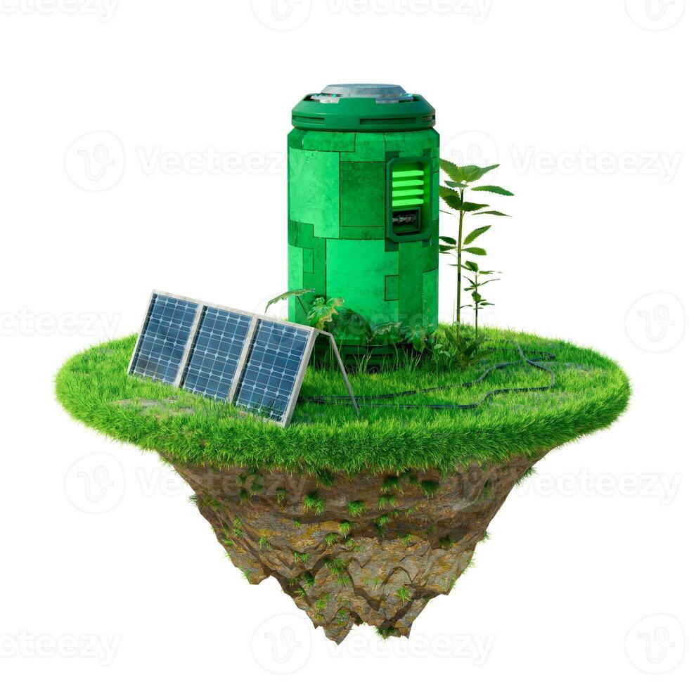 rechargeable battery with solar energy over green grass isolated on white background. Concept of renewable and sustainable green energy production photo