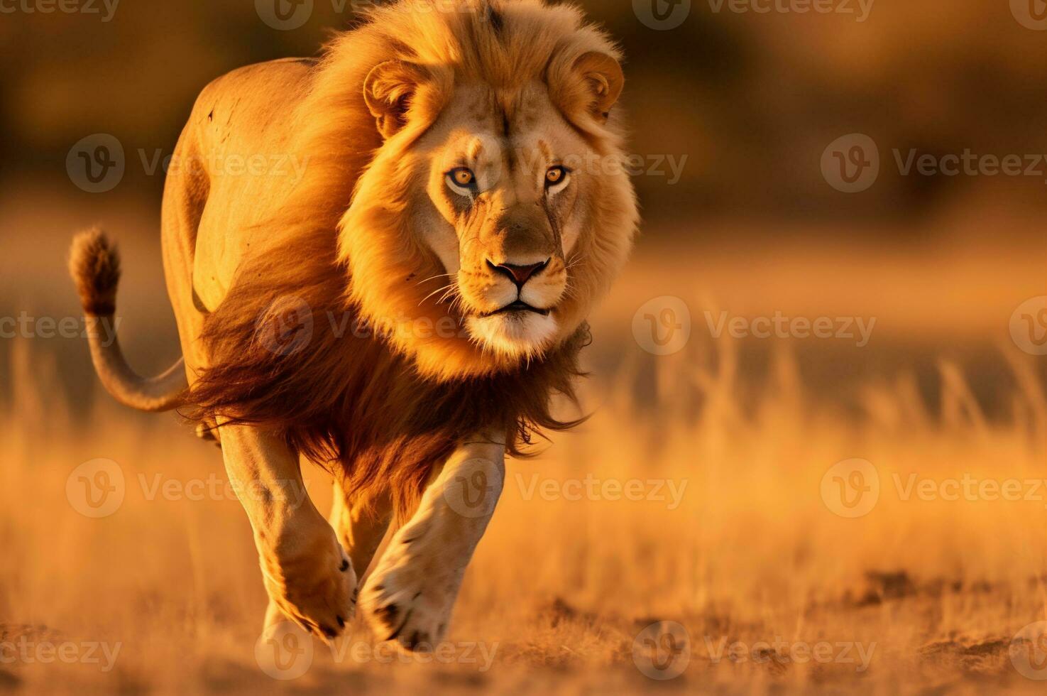 adulto masculino león corriendo en el africano sabana durante el dorado hora de el día. ai generado foto