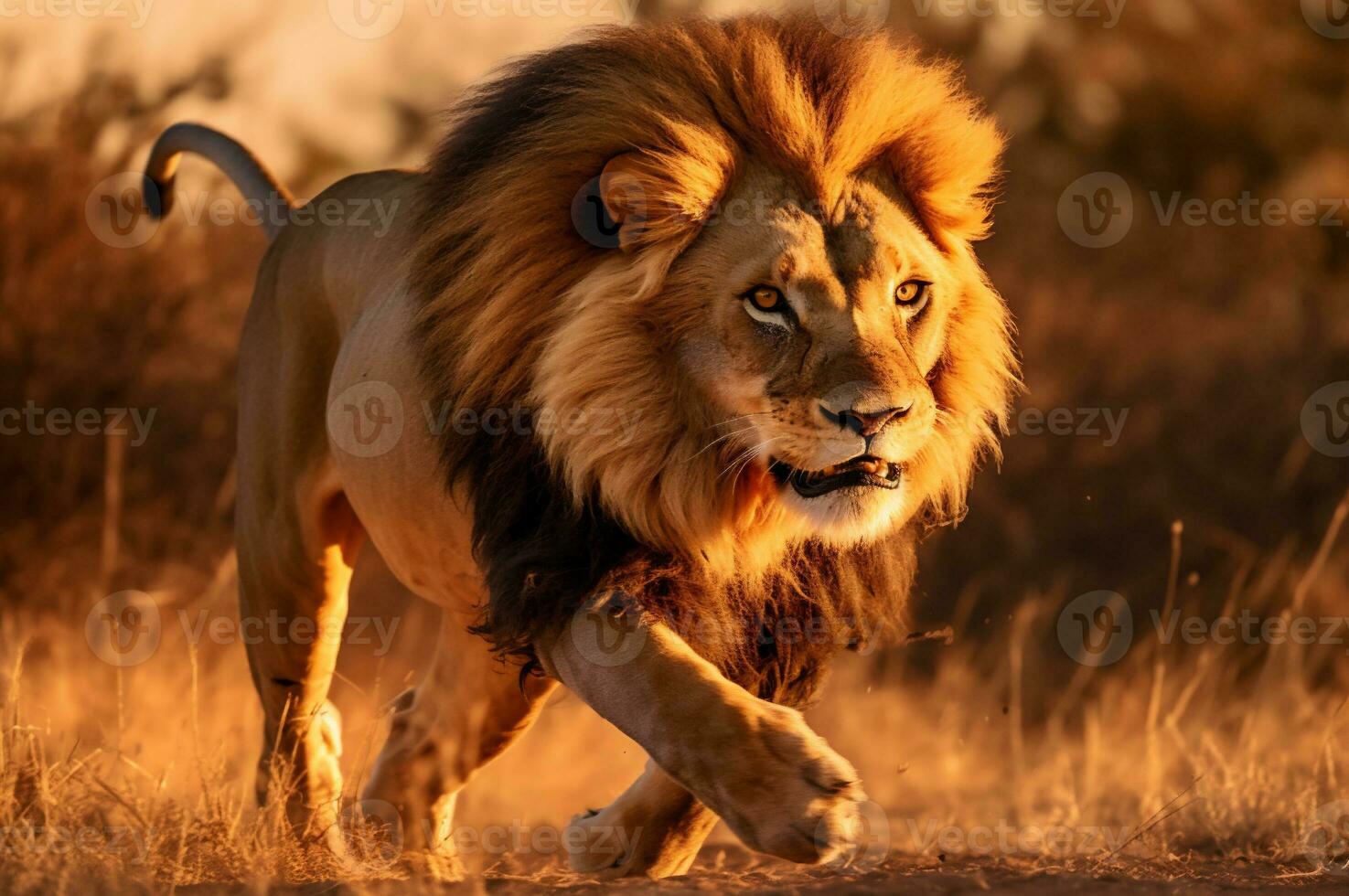 adulto masculino león corriendo en el africano sabana durante el dorado hora de el día. ai generado foto