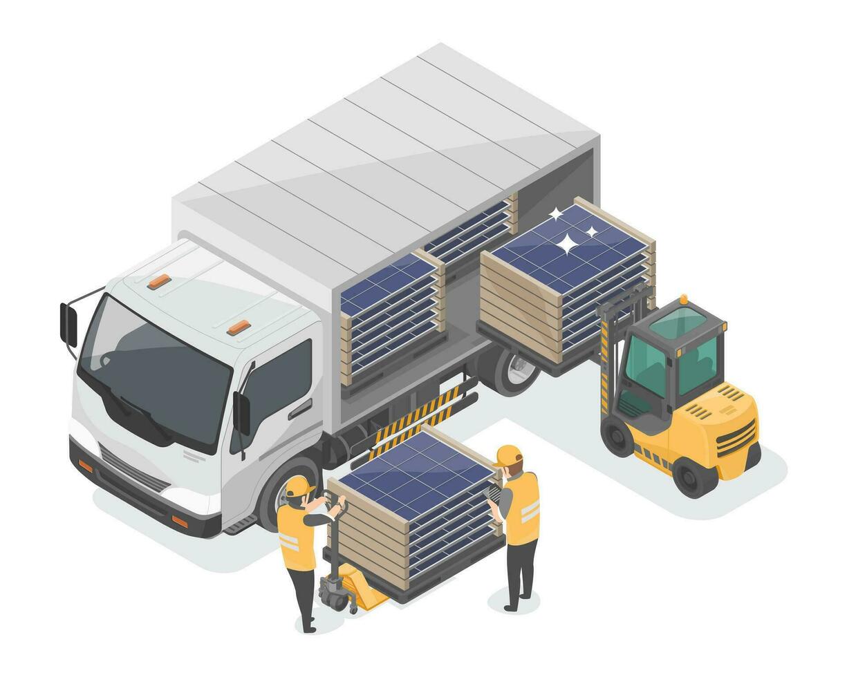 solar panels shipping to customer order online market send to installation service energy saving business concept isometric cartoon vector isolated