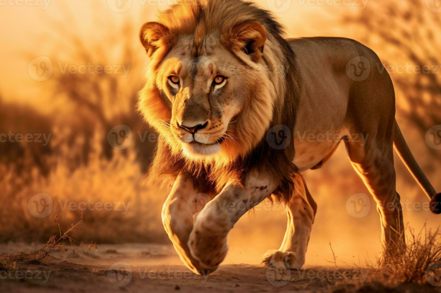 Adult male lion running in the African savannah during the golden hour of the day. AI generated photo