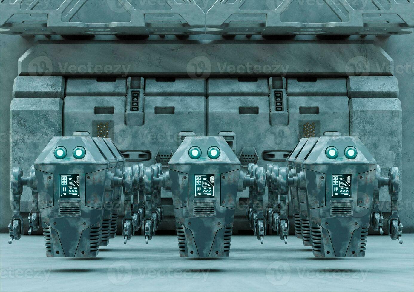 Robots lined up in the corridor of a spaceship. Science fiction scene photo