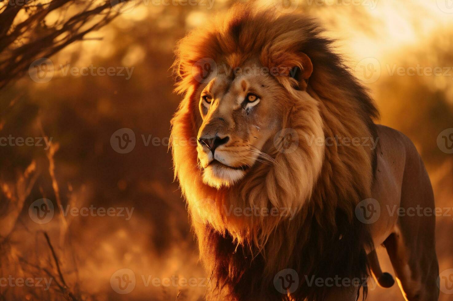 adulto masculino león en pie en el africano sabana durante el dorado hora de el día. ai generado foto