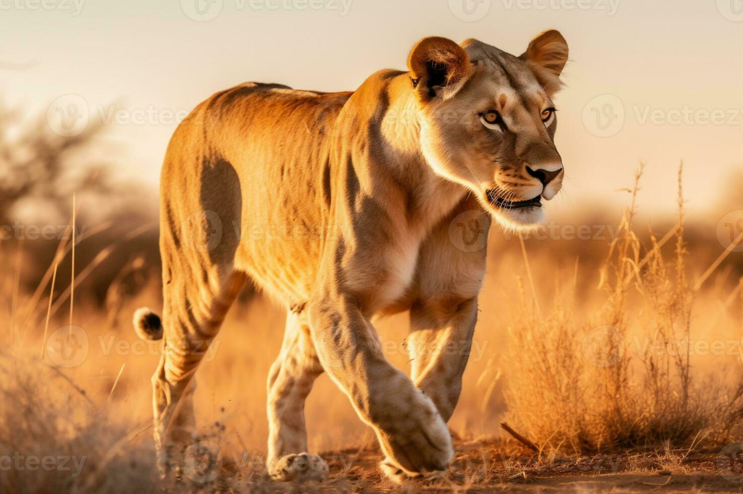 Lioness in the African savannah during the golden hour of the day. AI generated photo