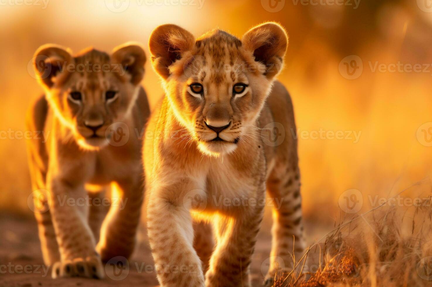 Lion cubs in the African savannah during the golden hour of the day. AI generated photo