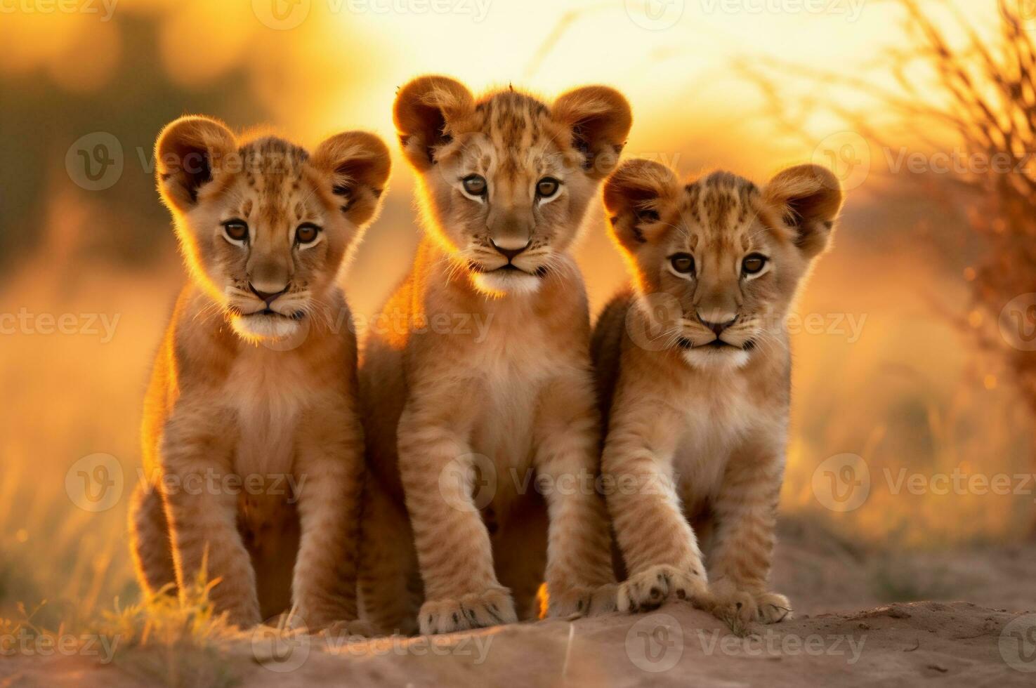 Lion cubs in the African savannah during the golden hour of the day. AI generated photo